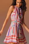 Buy_NOIB_Multi Color Cotton Geometric Halter Amaal Pattern Flared Dress _Online_at_Aza_Fashions