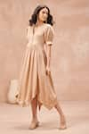 Buy_NOIB_Beige Modal Satin Pin Tucks V Neck Amelia Asymmetric Hem Midi Dress  _at_Aza_Fashions