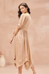 Shop_NOIB_Beige Modal Satin Pin Tucks V Neck Amelia Asymmetric Hem Midi Dress  _at_Aza_Fashions