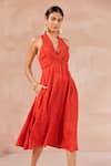 Buy_NOIB_Red Crepe Lace Plunge V Neck Faith Detailed Midi Dress _at_Aza_Fashions
