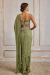 Shop_Cedar & Pine_Green Tulle, Chiffon Floral Symphony Embroidered Pre-draped Saree With Blouse _at_Aza_Fashions