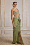 Shop_Cedar & Pine_Green Tulle, Chiffon Floral Symphony Embroidered Pre-draped Saree With Blouse _Online_at_Aza_Fashions