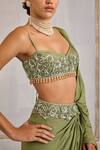Cedar & Pine_Green Tulle, Chiffon Floral Symphony Embroidered Pre-draped Saree With Blouse _at_Aza_Fashions