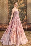 Cedar & Pine_Pink Glazed Organza Printed Peonies Floral Sweetheart Neck Gown  _Online_at_Aza_Fashions