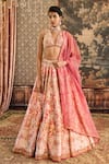 Buy_Cedar & Pine_Pink Silk Printed Peonies Floral Plunge V Neck Bridal Lehenga Set  _at_Aza_Fashions