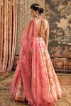 Shop_Cedar & Pine_Pink Silk Printed Peonies Floral Plunge V Neck Bridal Lehenga Set  _at_Aza_Fashions