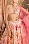 Shop_Cedar & Pine_Pink Silk Printed Peonies Floral Plunge V Neck Bridal Lehenga Set  _Online_at_Aza_Fashions