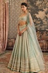 Buy_Cedar & Pine_Blue Tulle Embroidery Zari Thread Sweetheart Neck Scallop Lehenga Set  _Online_at_Aza_Fashions