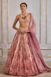 Buy_Cedar & Pine_Pink Organza Printed Floral Sweetheart Neck Lehenga Set  _at_Aza_Fashions