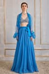 Buy_Cedar & Pine_Blue Tulle Embroidery Stripe V Neck Print Skirt Blouse Set _at_Aza_Fashions