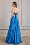 Shop_Cedar & Pine_Blue Tulle Embroidery Stripe V Neck Print Skirt Blouse Set _at_Aza_Fashions