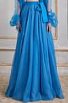 Cedar & Pine_Blue Tulle Embroidery Stripe V Neck Print Skirt Blouse Set _Online_at_Aza_Fashions