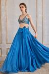 Cedar & Pine_Blue Tulle Embroidery Stripe V Neck Print Skirt Blouse Set _at_Aza_Fashions