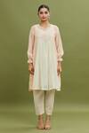 Jyoti Bansal_Peach Chanderi, Cotton, Kota Doria Embroidery, Tassels Floral Yoke Kurta Set _Online_at_Aza_Fashions