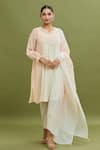 Buy_Jyoti Bansal_Peach Chanderi, Cotton, Kota Doria Embroidery, Tassels Floral Yoke Kurta Set _Online_at_Aza_Fashions