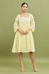 Buy_Jyoti Bansal_Yellow Kota Doria Lace Square Neck Thread Embroidered Dress _at_Aza_Fashions