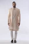 Kommal Sood_Peach Cotton Silk And Chanderi Embroidery Floral Sherwani Trouser Set  _Online_at_Aza_Fashions