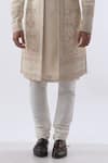 Shop Kommal Sood Beige Cotton Silk And Chanderi Cutdana Moti Sherwani Churidar Set Online at Aza Fashions Shop_Kommal Sood_Beige Cotton Silk And Chanderi Cutdana Moti Sherwani Churidar Set _Online_at_Aza_Fashions