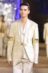 Kommal Sood_Gold Velvet And Satin Honeycomb Pattern Tuxedo Jacket & Trouser Set  _Online_at_Aza_Fashions