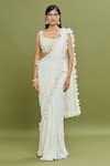 ARPAN VOHRA_Ivory Georgette Embroidered Pearl Ruffle Frill Pre-draped Saree With Blouse _Online_at_Aza_Fashions