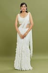 ARPAN VOHRA_Ivory Georgette Embroidered Pearl Frill Ruffle Pre-draped Saree With Blouse _Online_at_Aza_Fashions