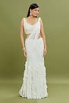 Buy_ARPAN VOHRA_Ivory Georgette Embroidered Pearl Frill Ruffle Pre-draped Saree With Blouse _Online_at_Aza_Fashions