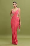 Buy_ARPAN VOHRA_Coral Georgette Embroidered Bead Plunge Hem Pre-draped Saree With Blouse _at_Aza_Fashions