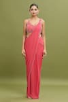 ARPAN VOHRA_Coral Georgette Embroidered Bead Plunge Hem Pre-draped Saree With Blouse _at_Aza_Fashions