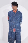 Jajaabor_Blue Linen Printed Stripe Button Down Shirt And Pant Set_Online_at_Aza_Fashions