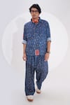 Shop_Jajaabor_Blue Linen Printed Stripe Button Down Shirt And Pant Set_Online_at_Aza_Fashions