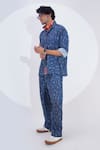 Jajaabor_Blue Linen Printed Stripe Button Down Shirt And Pant Set_at_Aza_Fashions