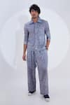 Buy_Jajaabor_Blue Linen Embroidered Stripe Geometric Print Shirt And Pant Set _at_Aza_Fashions