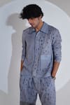 Jajaabor_Blue Linen Embroidered Stripe Geometric Print Shirt And Pant Set _at_Aza_Fashions