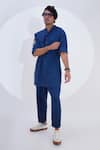 Shop_Jajaabor_Blue Linen Embroidered Threadwork Tiger Kurta With Pant_Online_at_Aza_Fashions