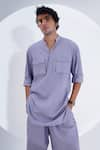 Jajaabor_Grey Linen Embroidered Threadwork Placed Tiger Kurta With Pant _at_Aza_Fashions