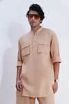 Jajaabor_Beige Linen Embroidered Threadwork Tiger Placement Kurta With Pant_Online_at_Aza_Fashions