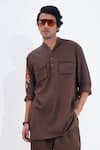 Buy_Jajaabor_Brown Linen Embroidered Threadwork Placement Kurta With Pant_Online_at_Aza_Fashions