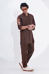 Buy_Jajaabor_Brown Linen Embroidered Threadwork Placement Kurta With Pant