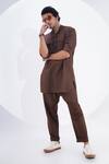 Shop_Jajaabor_Brown Linen Embroidered Threadwork Placement Kurta With Pant