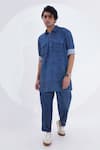 Shop_Jajaabor_Blue Linen Printed Checkered Kurta With Pant_Online_at_Aza_Fashions
