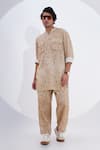 Buy_Jajaabor_Beige Linen Printed Stripe Kurta With Pant _at_Aza_Fashions