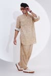 Jajaabor_Beige Linen Printed Stripe Kurta With Pant _at_Aza_Fashions