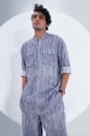 Jajaabor_Grey Linen Printed Broken Stripes Kurta With Pant _at_Aza_Fashions