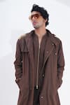 Jajaabor_Brown Linen Printed Crab Placement Trench Jacket _Online_at_Aza_Fashions