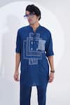 Jajaabor_Blue Linen Patchwork Abstract Work Kurta With Pant _at_Aza_Fashions