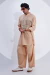 Shop_Jajaabor_Beige Linen Patchwork Abstract Geometric Work Kurta With Pant_Online_at_Aza_Fashions