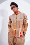 Jajaabor_Beige Linen Patchwork Abstract Textured Work Bomber Jacket _at_Aza_Fashions