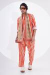 Buy_Jajaabor_Red Linen Print Stripe Kurta With Pant_at_Aza_Fashions