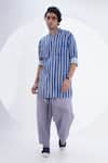 Buy_Jajaabor_Blue Linen Print Stripe Vertical Kurta With Pant _at_Aza_Fashions