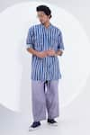 Buy_Jajaabor_Blue Linen Print Stripe Vertical Kurta With Pant _Online_at_Aza_Fashions